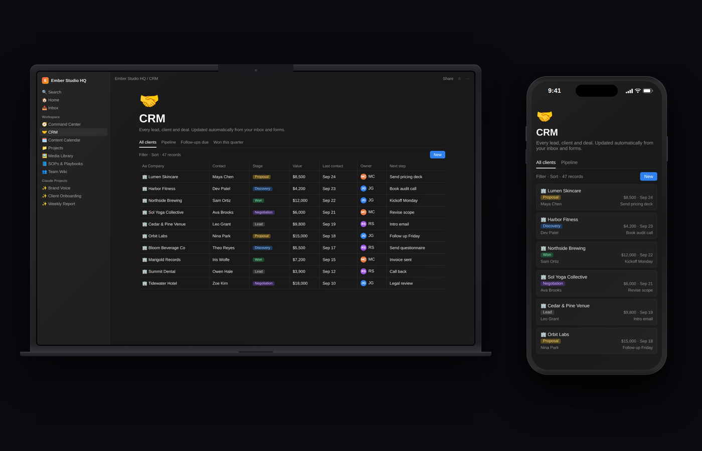 Notion Hub CRM database on a laptop and phone, with deal stages, values and next steps